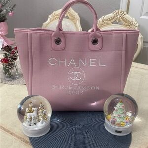 CHANEL Pink Canvas Tote with White Logo